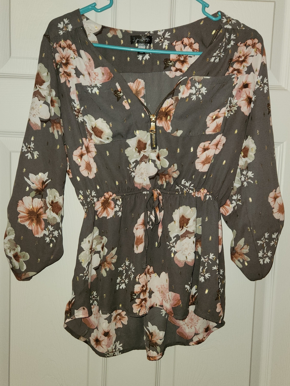 J for Justify Floral Foil Print Half Zip Blouse Cinched Waist Medium